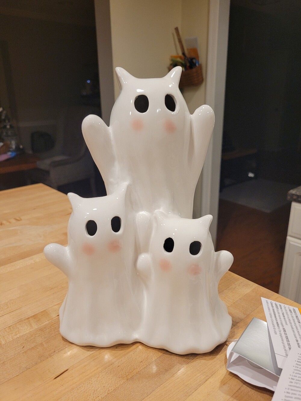 NWT White Ceramic Ghost Cat Trio Light-up Figurine with Blush Cheeks